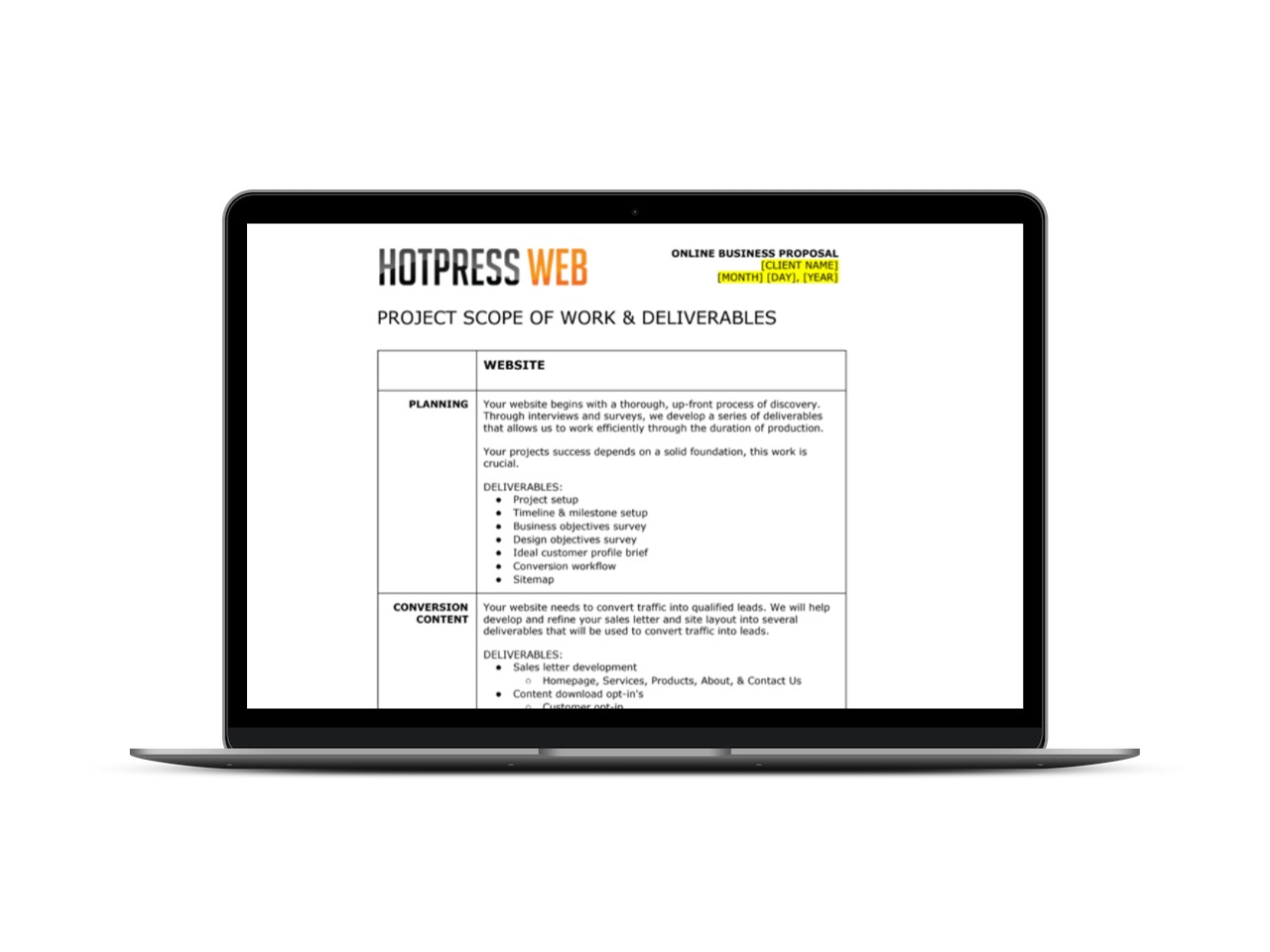 laptop showing free project proposal template by UGURUS
